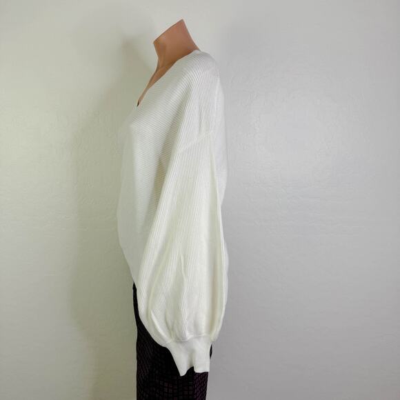 1 State V Neck Ribbed Knit Balloon Sleeve Pullover Sweater White Cream Large NWT - Picture 7 of 12